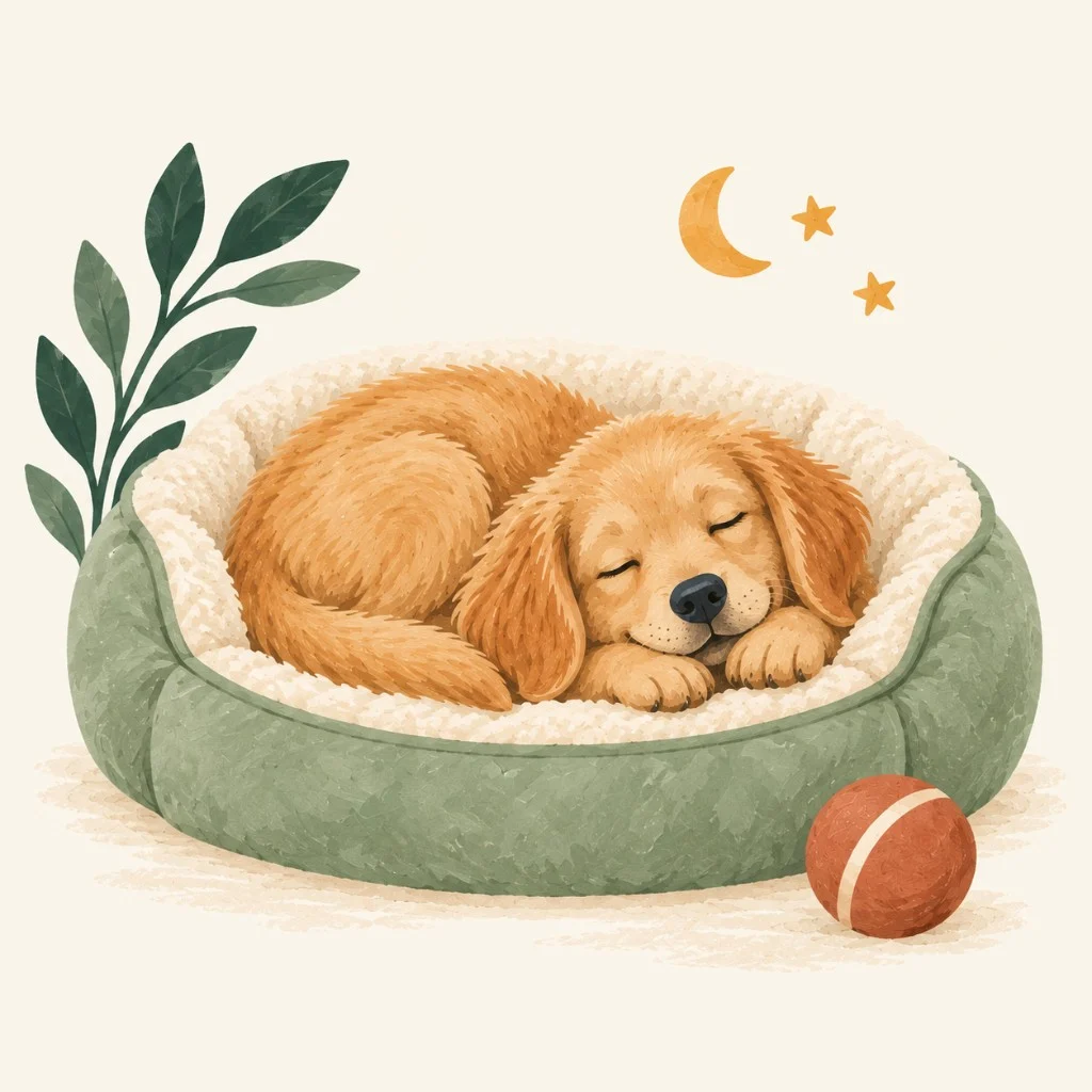 Le chiot dort paisiblement dans son panier vert sauge.
