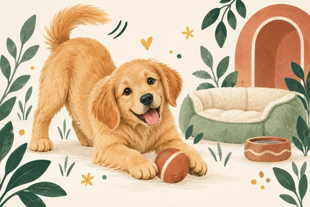 Un chiot doré joue avec sa balle près de son panier, dans sa nouvelle maison.